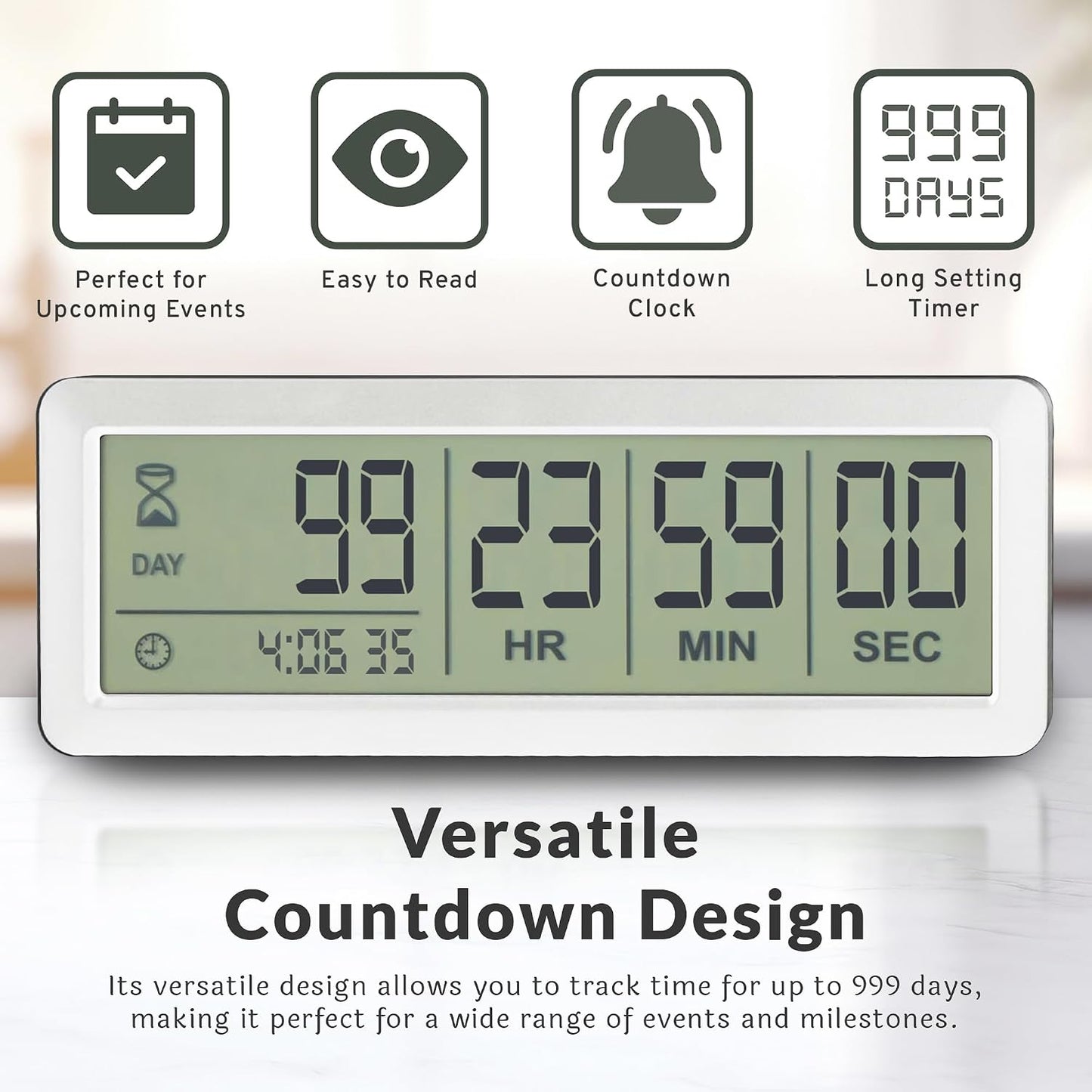 Large LCD Digital Countdown Clock, Up to 999 Days